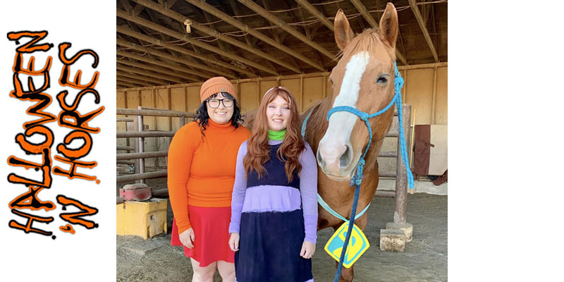 A horse dressed as Scooby Doo with students dressed as Daphne and Velma